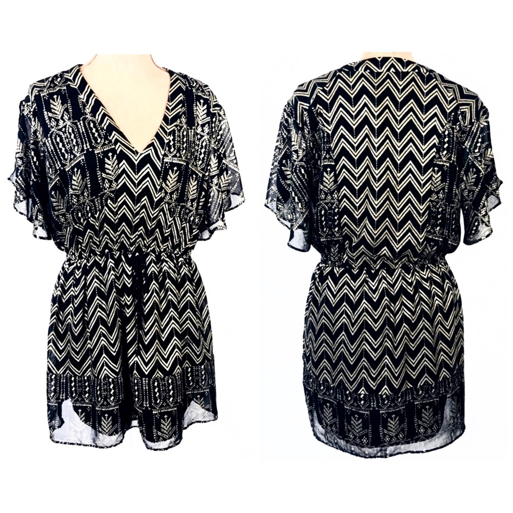 Free People Black Gold Boho V-Neck Tunic Dress